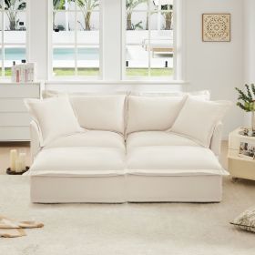 Slipcovered Sofa 2 Seater Sofa With 2 Ottomans, 2 Seater Sleeper Sofa Bed Home Theater Oversized Sofa For Living Room, Chenille, Cream