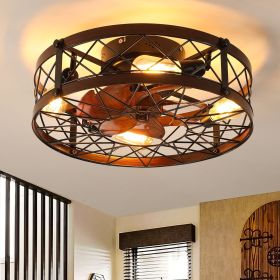 Caged Ceiling Fans with Lights Black, 20 inch Flush Mount Ceiling Fan Light, Farmhouse Small Ceiling Fan with Light Fixture