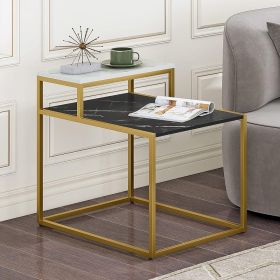 2-Tier Side Table with Metal Frame and Marble Finish Tabletop for Living Room