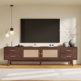 70inch Modern TV Stand with Rattan Doors for TVs up to 80", Media Console with Storage Space, 4 Drawers & Cable Holes (Color: Dark Brown)