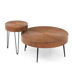 Set of 2 Solid Wood Ring Pattern Farmhouse Round Coffee Tables (Color: Brown)