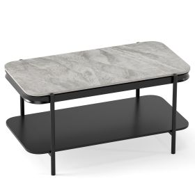 2-Tier Modern Rectangular Coffee Table with Sintered Stone Top (Color: Gray)