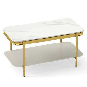 2-Tier Modern Rectangular Coffee Table with Sintered Stone Top (Color: White)