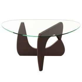 Triangle Coffee Table with Tempered Glass Top and Adjustable Rubber Wood Base (Color: Walnut)