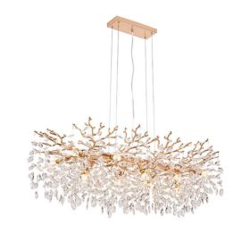 Modern Rectangular Chandelier, 49.2in Gold Crystal Tree Branch Chandelier 14 Lights Luxury Raindrop Light For Dining Room, Kitchen Island, Living (Option: Default)